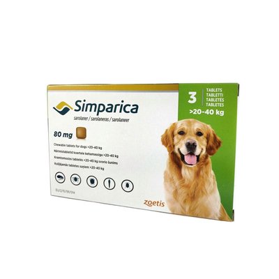 Жувальні таблетки для собак Сімпаріка 80 мг від 20 до 40 кг, 3 таб - masterzoo.ua