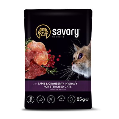 Вологий корм для стерилізованих котів Savory 85 г - ягня та журавлина - masterzoo.ua