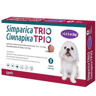 Жувальні таблетки для собак Симпарика ТРІО від 2,6-5кг, 1 таб - masterzoo.ua