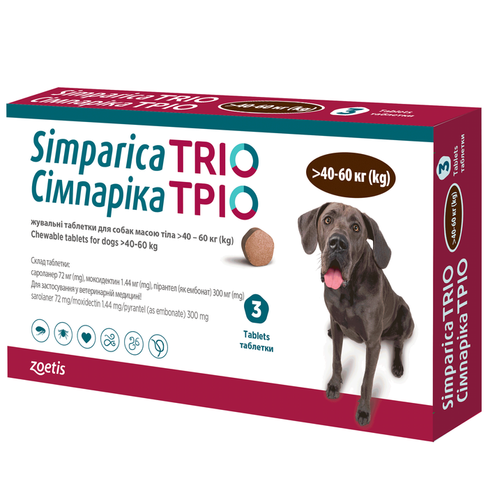 Жувальні таблетки для собак Сімпарика ТРІО від 40-60 кг, 3 таб - masterzoo.ua