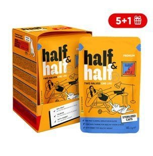 Упаковка вологого корму для котів Half&Half Sterilized 6 шт х 85 г - кролик та яблуко - masterzoo.ua