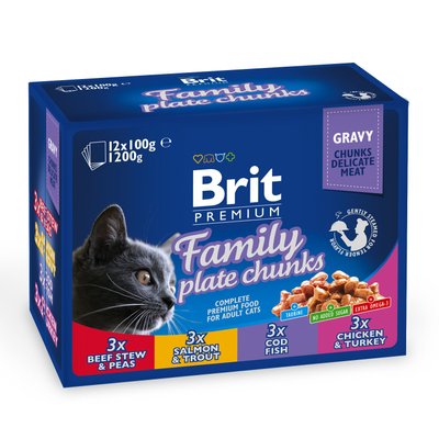 Вологий корм для котів Brit Premium Cat Family Plate pouches 1200 г (асорті з 4 смаків «Сімейна тарілка») - masterzoo.ua