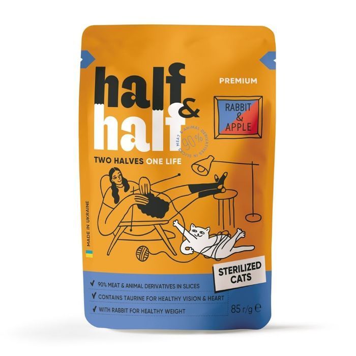 Упаковка вологого корму для котів Half&Half Sterilized 6 шт х 85 г - кролик та яблуко - masterzoo.ua