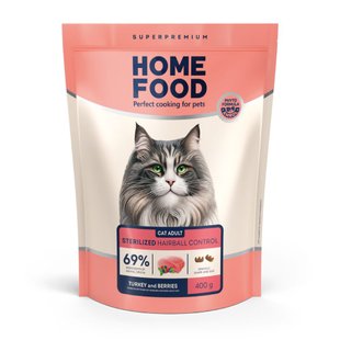 Сухой корм для котов Home Food Adult Hairball control For sterilised/neutered 400 г - индейка и ягоды - masterzoo.ua