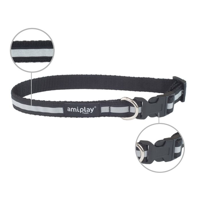 Нашийник для собак регульований світловідбивний Amiplay Shine L 35-50 см / 20 мм (чорний) - masterzoo.ua