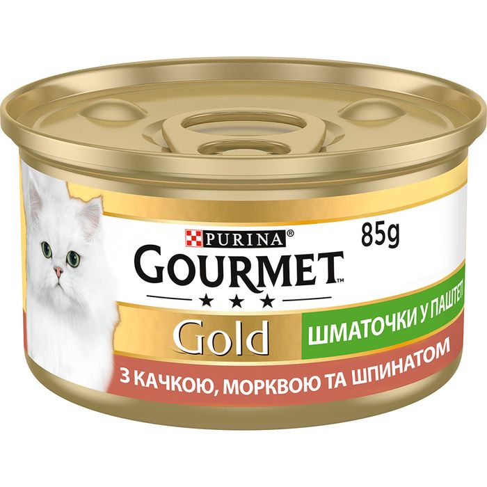 Влажный корм для кошек Gourmet Gold Pieces in Pate Duck, Carrot & Spinach 85 г (утка, морковь и шпинат) - masterzoo.ua