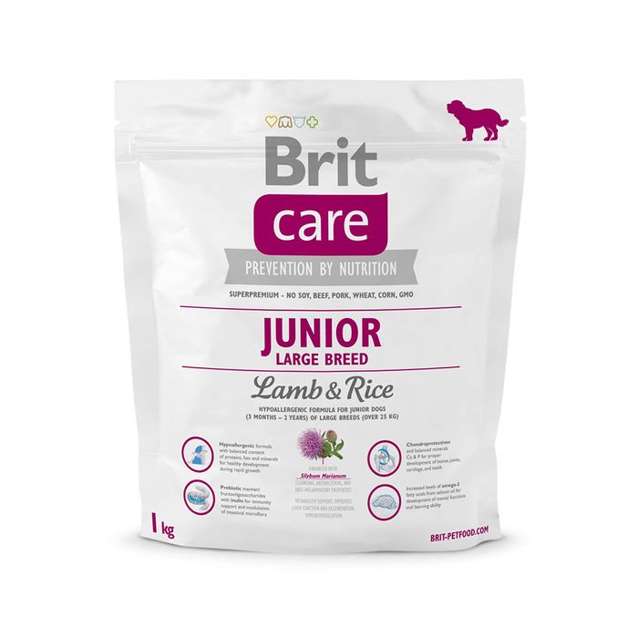 Сухий корм для цуценят та молодих собак великих порід (вагою від 25 кг) Brit Care Junior Large Breed Lamb & Rice 1 кг (ягня та рис) - masterzoo.ua