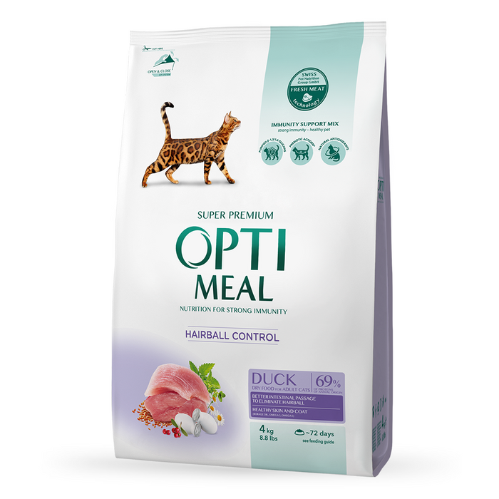Сухой корм для взрослых кошек Optimeal с эффектом выведения шерсти 4 кг - утка - masterzoo.ua