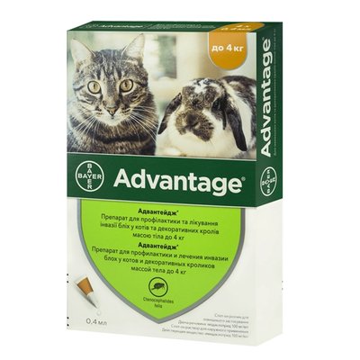Краплі на холку для котів та кролів Bayer «Advantage» (Адвантейдж) до 4 кг, 1 піпетка (від зовнішніх паразитів) - masterzoo.ua