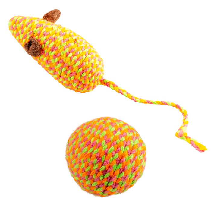 Іграшка для котів Duvo+ Мишка і куля з дзвіночком з бавовняної мотузки 17,5 х 3,5 х 4,5 см (2шт) - masterzoo.ua