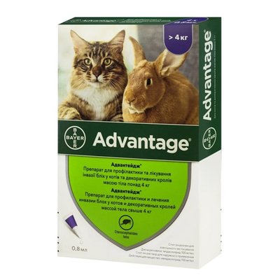 Краплі на холку для котів та кролів Bayer «Advantage» (Адвантейдж) від 4 до 8 кг, 1 піпетка (від зовнішніх паразитів) - masterzoo.ua