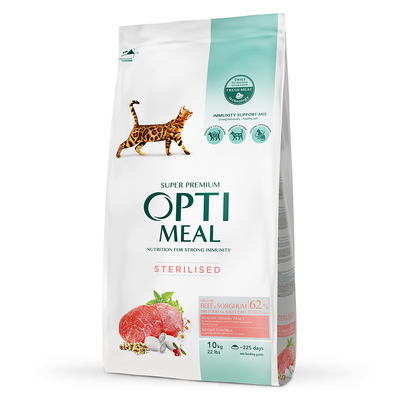 Сухой корм для стерилизованных кошек и кастрированных котов Optimeal с высоким содержанием говядины 10 кг (говядина и сорго) - masterzoo.ua