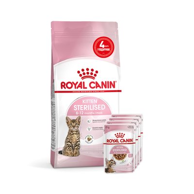 Набір корму для кошенят Royal Canin Kitten Sterilised 2 кг + 4 pouch вологого корму - домашня птиця - masterzoo.ua