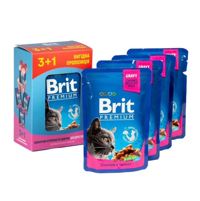 Вологий корм для котів Brit Premium pouch 4 x 100 г - курка та індичка - masterzoo.ua