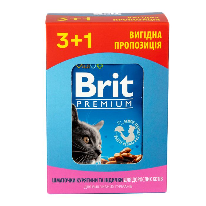 Вологий корм для котів Brit Premium pouch 4 x 100 г - курка та індичка - masterzoo.ua