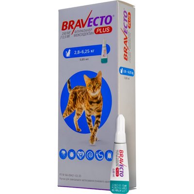 Капли на холку Bravecto Plus 250 мг от 2,8 до 6,25 кг, 1 пипетка - masterzoo.ua
