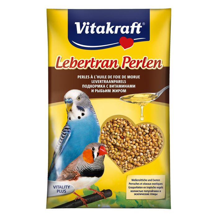 Вітаміни для хвилястих папуг та екзотичних птахів Vitakraft «Lebertran Perlen» з риб'ячим жиром, насіння 20 г (мультивітамін) - masterzoo.ua