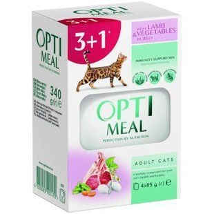 Упаковка влажного корма для кошек Optimeal Adult 3+1 шт х 85 г - ягненок и овощи - masterzoo.ua