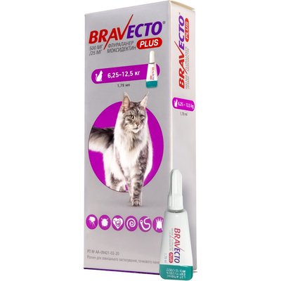 Краплі на холку Bravecto Plus 500 мг від 6,25 до 12,5 кг, 1 піпетка - masterzoo.ua
