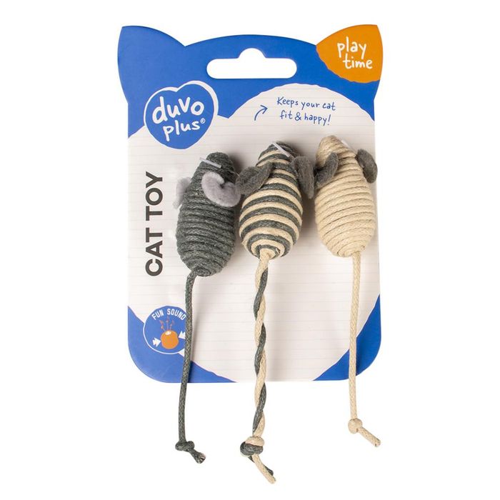 Іграшка Duvo + для котів мишка з бавовняної мотузки 14 х 2 х 1,5 см, 3 шт (в асортименті) - masterzoo.ua
