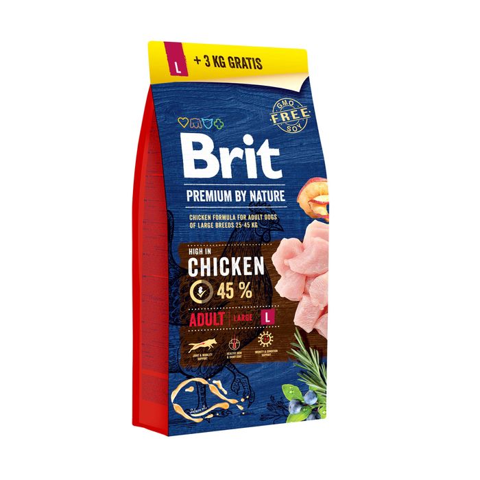 Сухой корм для взрослых собак крупных пород Brit Premium Adult L 15 + 3 кг (курица) - masterzoo.ua