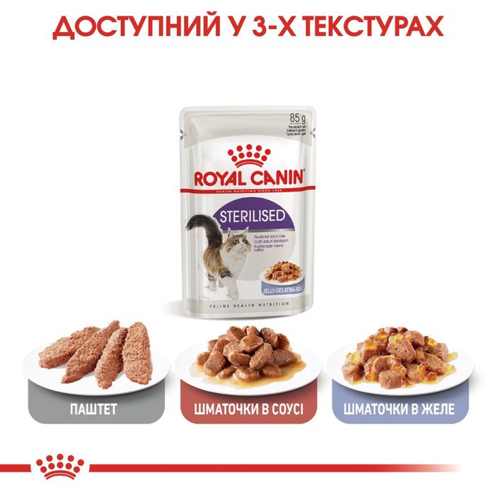 Вологий корм для стерилізованих котів Royal Canin Sterilized pouch в желе 85 г (домашня птиця) - masterzoo.ua