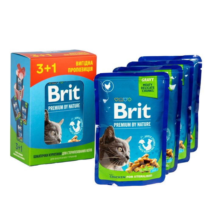 Вологий корм для котів Brit Premium Sterilized pouch 4 x 100 г - курка - masterzoo.ua