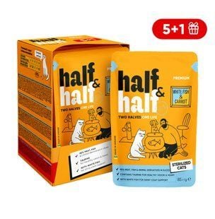 Упаковка вологого корму для котів Half&Half Sterilized 6 шт х 85 г - біла риба та морква - masterzoo.ua