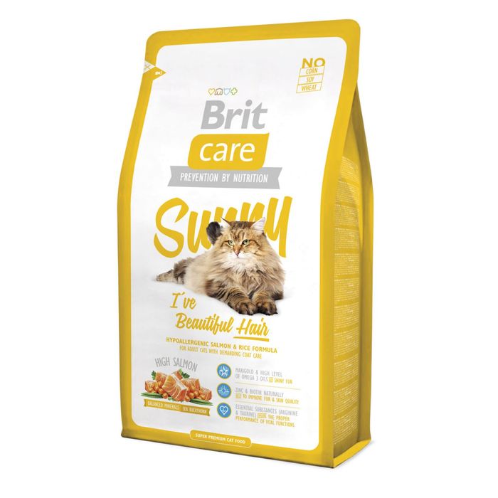 Сухий корм для котів, шерсть яких вимагає додаткового догляду Brit Care Cat Sunny I have Beautiful Hair 2 кг - лосось та рис - masterzoo.ua