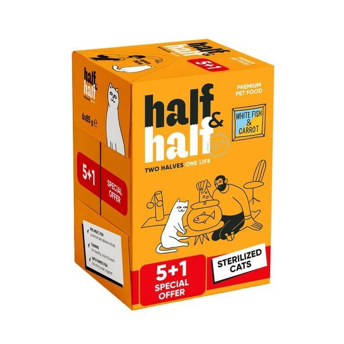Упаковка вологого корму для котів Half&Half Sterilized 6 шт х 85 г - біла риба та морква - masterzoo.ua