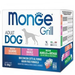 Набір вологого корму для собак Monge Grill Mix Adult 12 шт х 100 г - лосось, свинина, ягня та овочі - masterzoo.ua