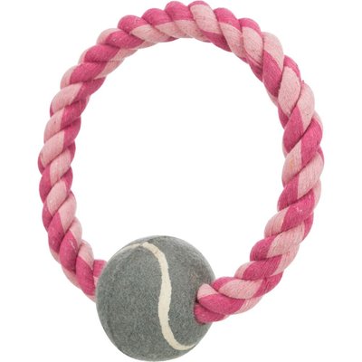 Іграшка для собак Trixie Кільце плетене з тенісним м'ячем d=18 см, d=6 см (текстиль, кольори в асортименті) - masterzoo.ua