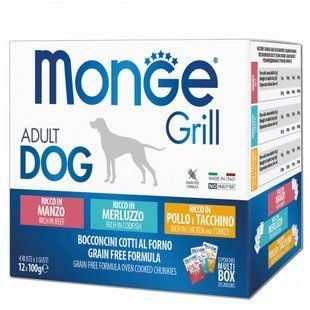 Набір вологого корму для собак Monge Grill Mix Adult 12 шт х 100 г - яловичина, тріска, курка та індичка - masterzoo.ua