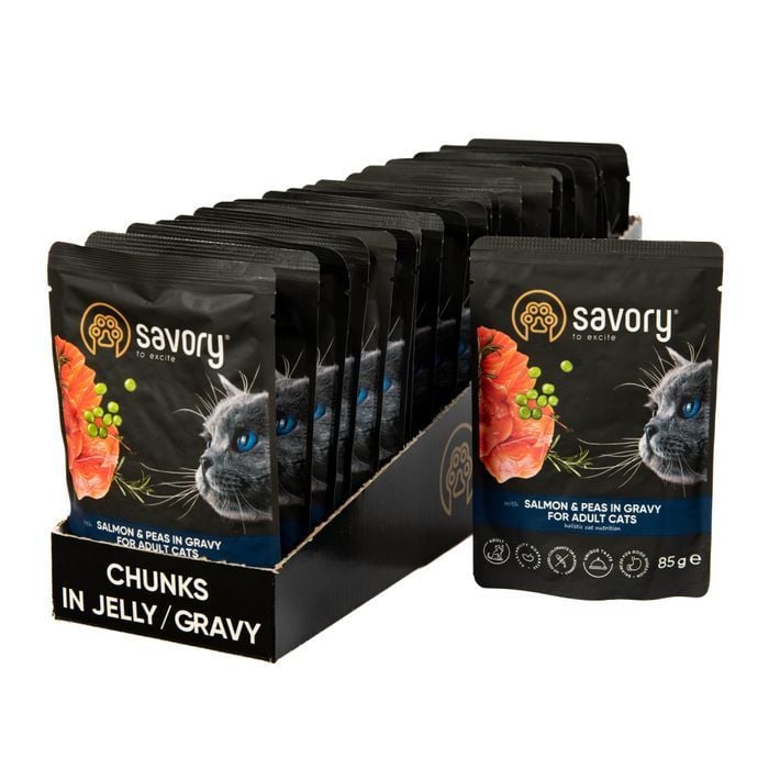 Упаковка вологого корму для котів Savory Adult 22 шт х 85 г - лосось та горошок - masterzoo.ua
