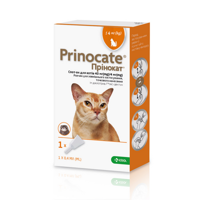 Краплі на холку для котів KRKA «Prinocat» (Прінокат) №3, до 4 кг, 40мг/4мг/0,4 мл упаковка 3 шт (від зовнішніх і внутрішніх паразитів) - masterzoo.ua