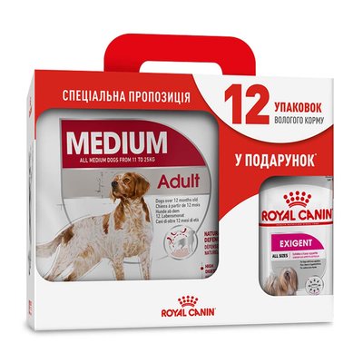 Акційний набір для собак Royal Canin Medium Adult 4 кг + Royal Canin Exigent loaf wet 12 шт х 85 г (домашня птиця) - masterzoo.ua