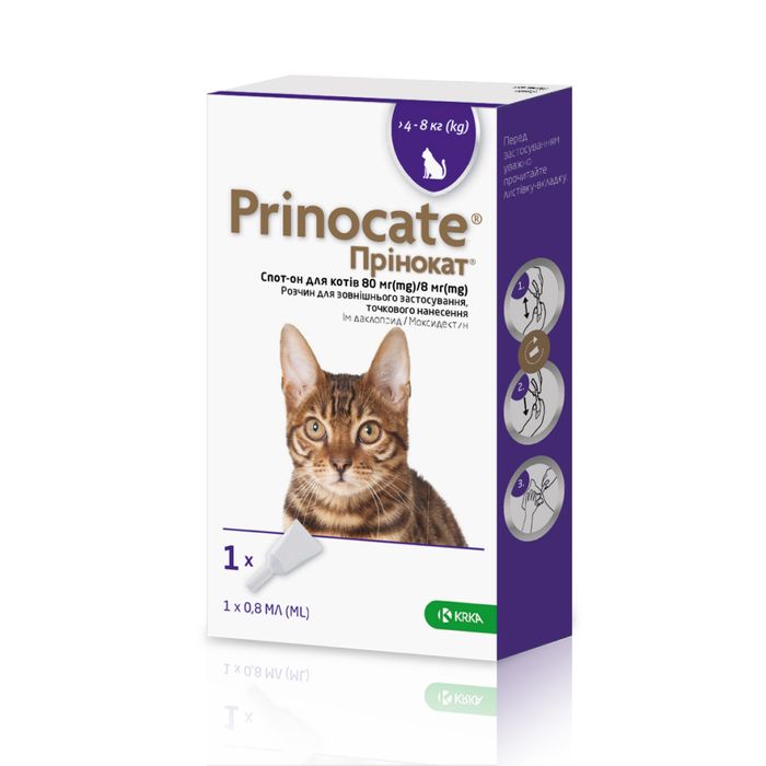 Краплі на холку для котів KRKA «Prinocat» (Прінокат) №3, до 4-8 кг, 80мг/8мг/0,8мл упаковка 3 шт (від зовнішніх і внутрішніх паразитів) - masterzoo.ua
