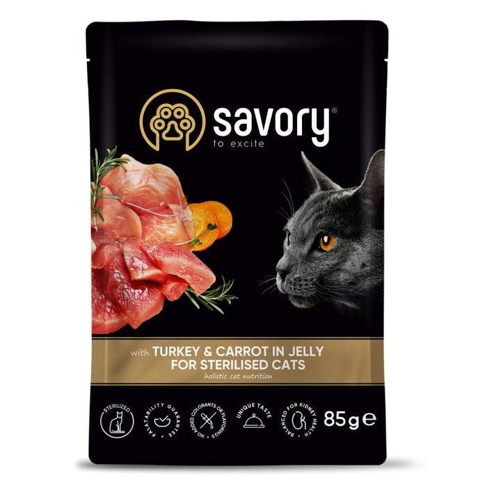 Набір корму для котів Savory Sterilised pouch 3+1 шт х 85 г - індичка та морква - masterzoo.ua