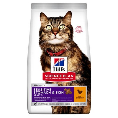 Сухой корм для кошек с чувствительным пищеварением Hills Science Plan Adult Sensitive Stomach & Skin 1,5 кг (курица) - masterzoo.ua