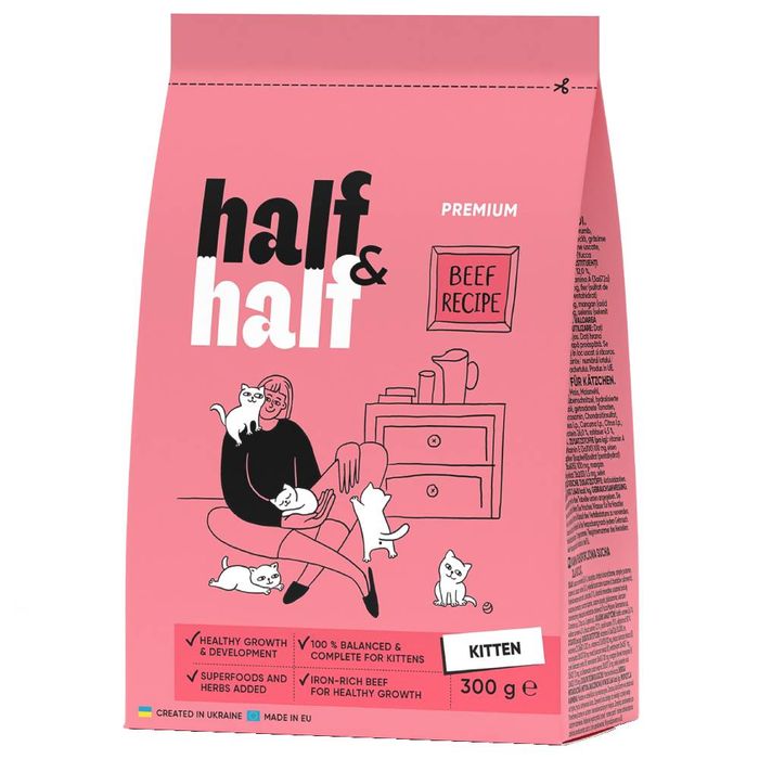 Сухой корм для котят Half&Half Kitten 300 г - говядина + Лакомство - индейка - masterzoo.ua