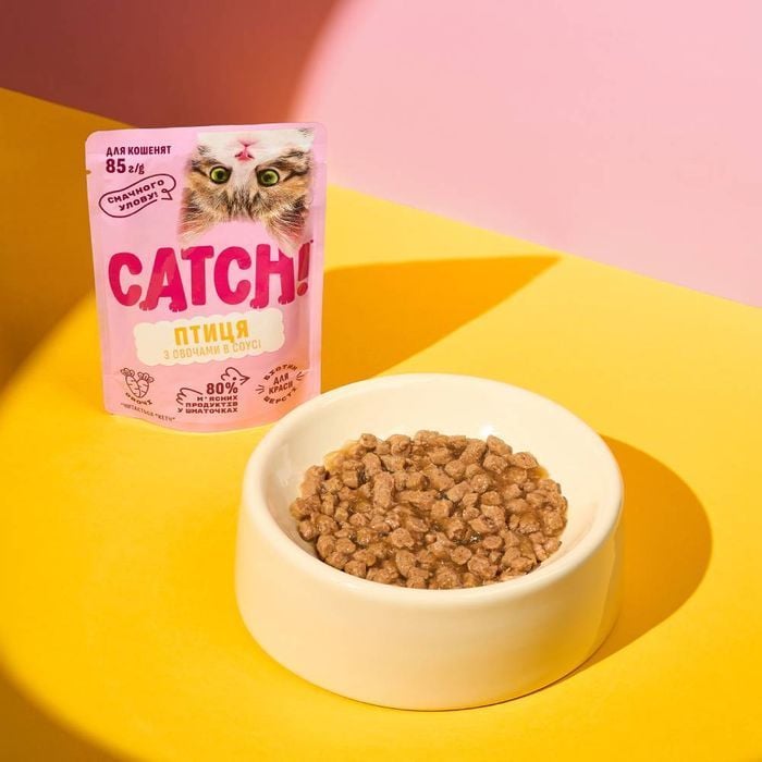 Упаковка вологого корму для кошенят Catch! 24 шт х 85 г - птиця та овочі - masterzoo.ua