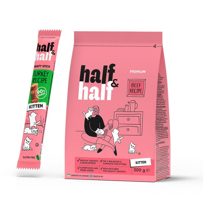 Сухой корм для котят Half&Half Kitten 300 г - говядина + Лакомство - индейка - masterzoo.ua