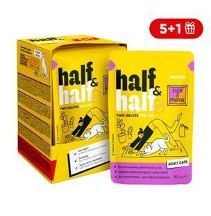 Упаковка вологого корму для котів Half&Half Adult 6 шт х 85 г - качка та гарбуз - masterzoo.ua