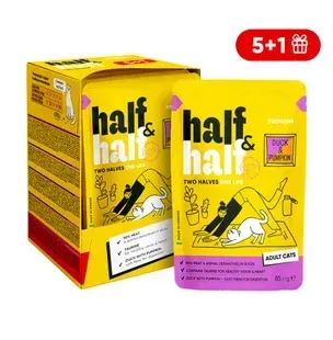 Упаковка вологого корму для котів Half&Half Adult 6 шт х 85 г - качка та гарбуз