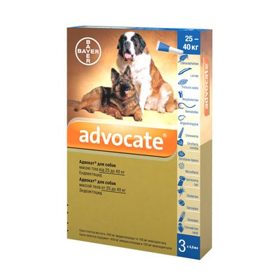 Краплі на холку для собак Bayer «Advocate» (Адвокат) від 25 до 40 кг, 3 піпетки (від зовнішніх та внутрішніх паразитів) - masterzoo.ua