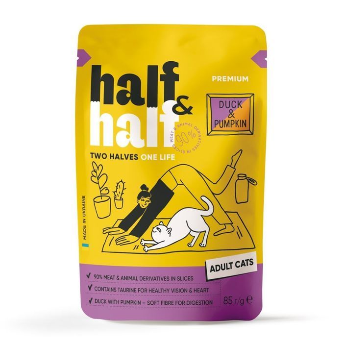 Упаковка влажного корма для кошек Half&Half Adult 6 шт х 85 г - утка и тыква - masterzoo.ua