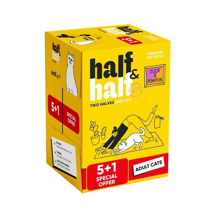 Упаковка влажного корма для кошек Half&Half Adult 6 шт х 85 г - утка и тыква - masterzoo.ua