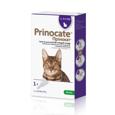 Капли на холку для котов KRKA «Prinocat» (Принокат) №3, до 4-8 кг, 80мг/8мг/0,8мл 1 пипетка (от внешних и внутренних паразитов) - masterzoo.ua