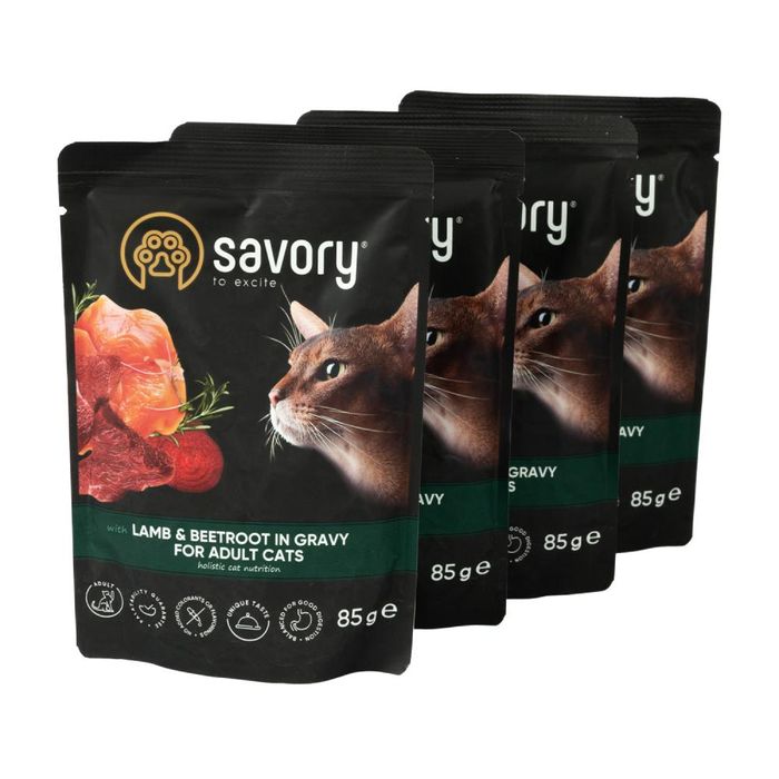 Набір корму для котів Savory Adult pouch 3+1 шт х 85 г - ягня та буряк - masterzoo.ua