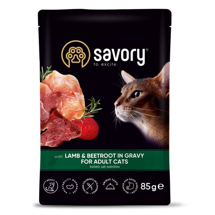 Набір корму для котів Savory Adult pouch 3+1 шт х 85 г - ягня та буряк - masterzoo.ua